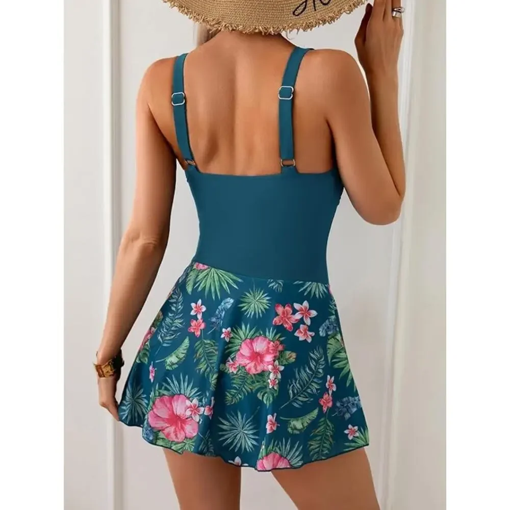 NWT Eomenie One Piece Swimdress Swimsuits Tummy Control Skirt Bathing Suit L
